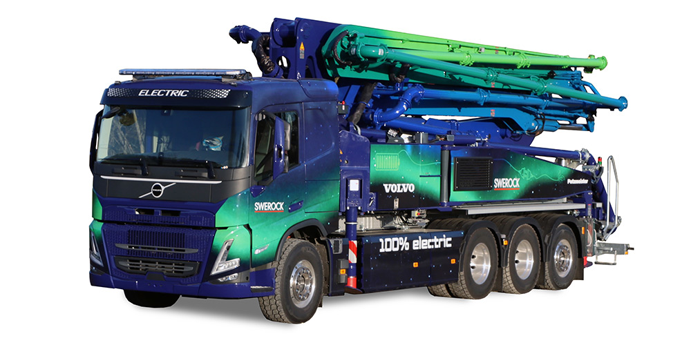 Putzmeister truck-mounted concrete pump M42-5, mounted on fully electric chassis Volvo  FM Electric 8x4 rigid Tridem
